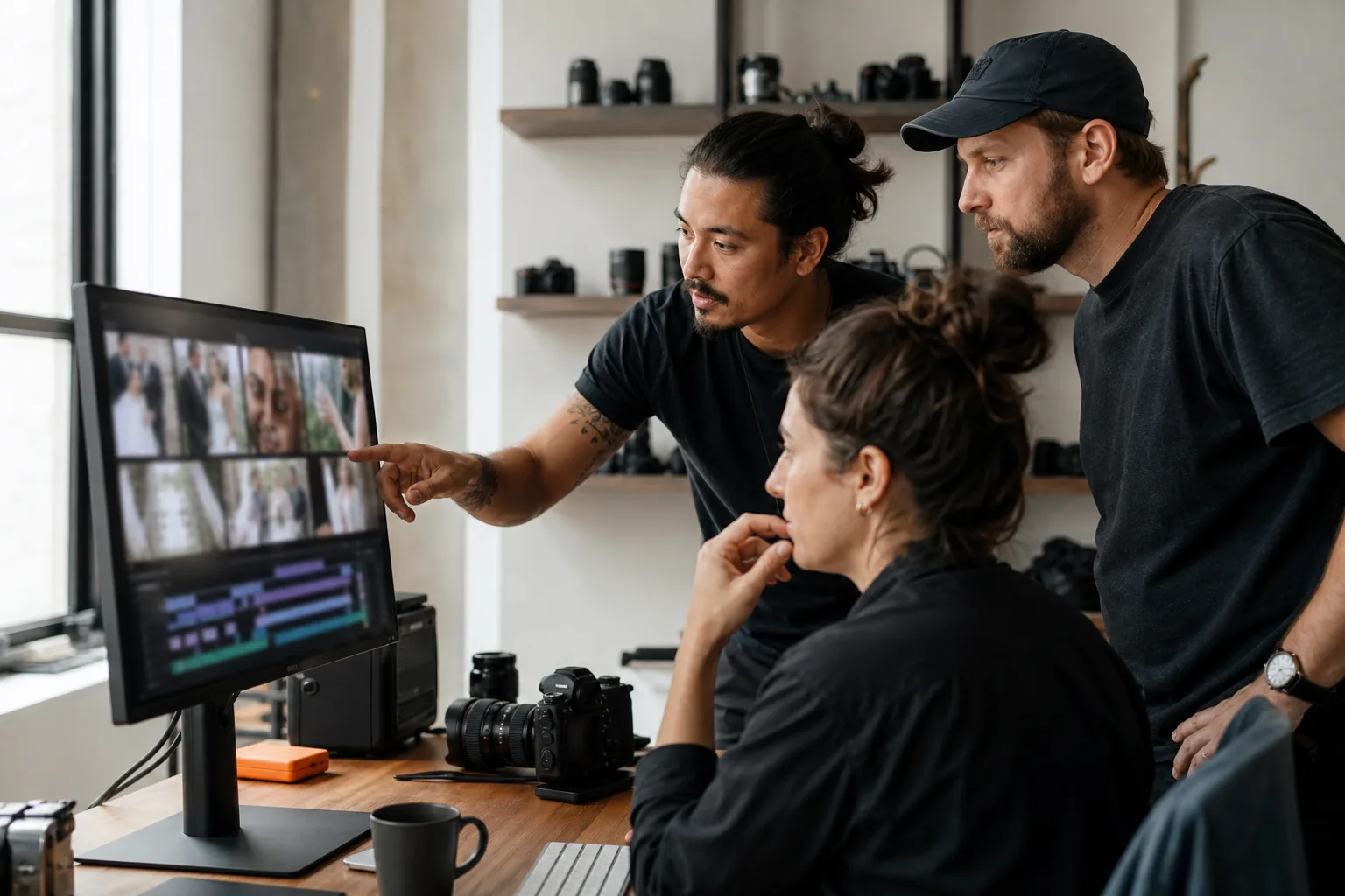 Two people going through a shoot together at a desk.