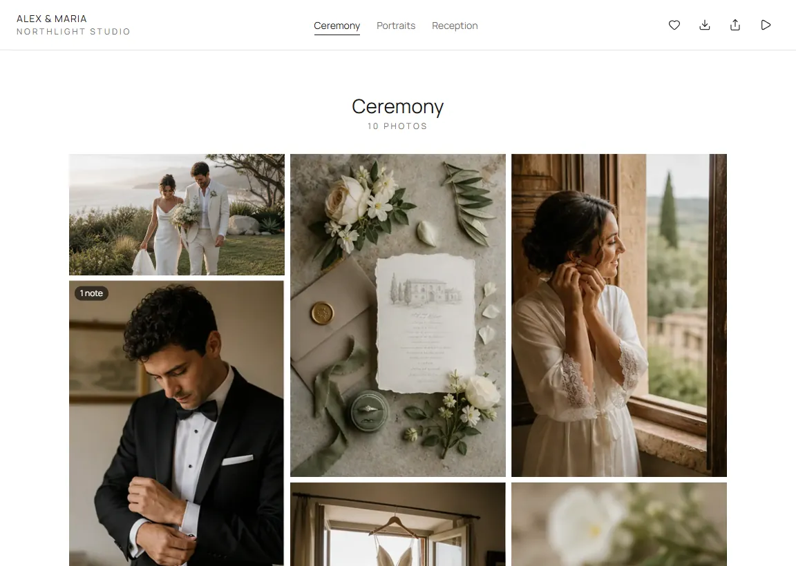 The Ceremony chapter of a client gallery, with a note marker on one photo