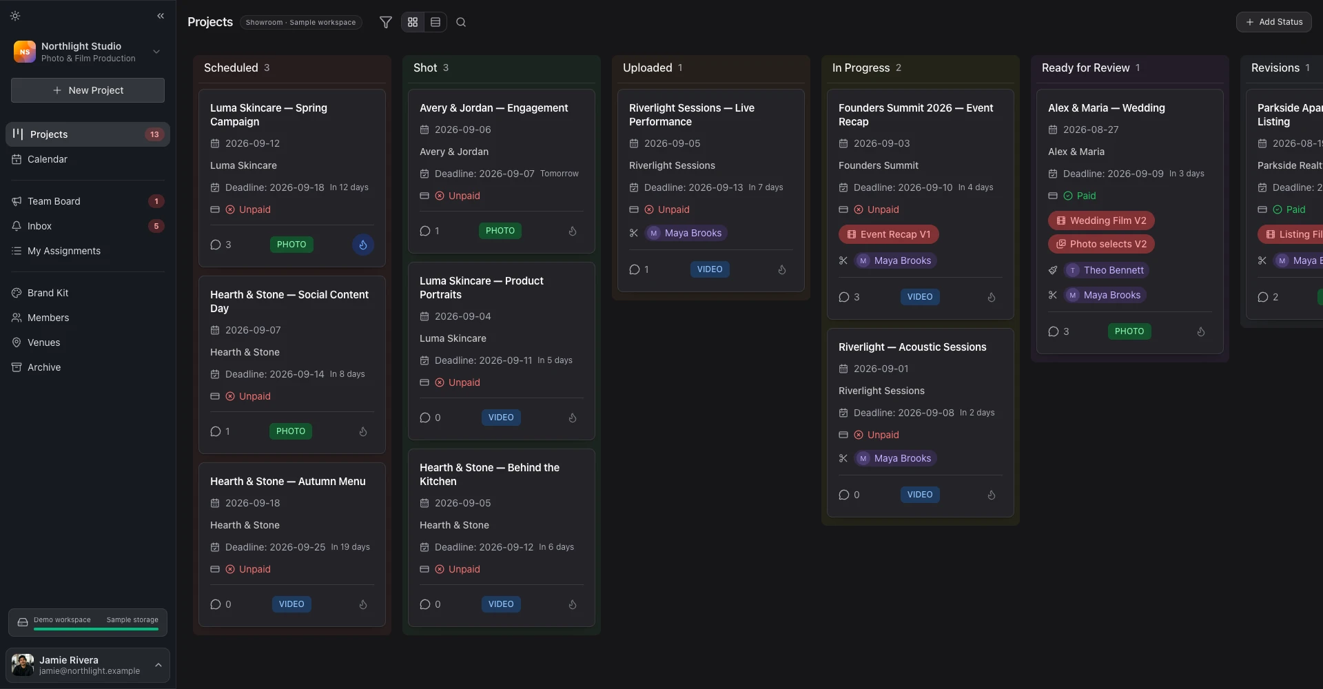 FlowShot production board with project stages, assigned editors and priority flags
