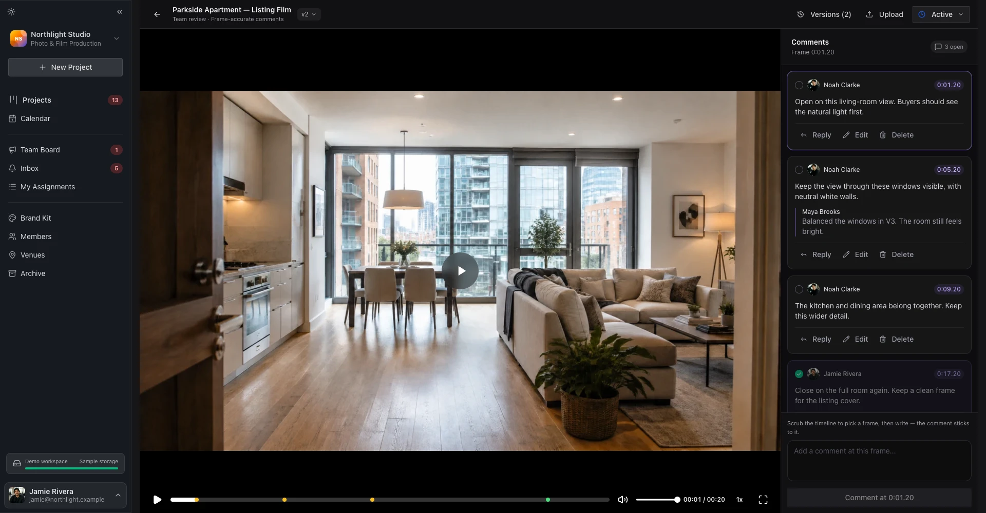 FlowShot review with footage and frame-specific comments