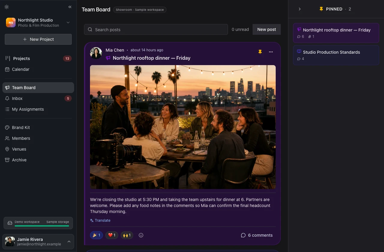 Team Board with a pinned studio announcement