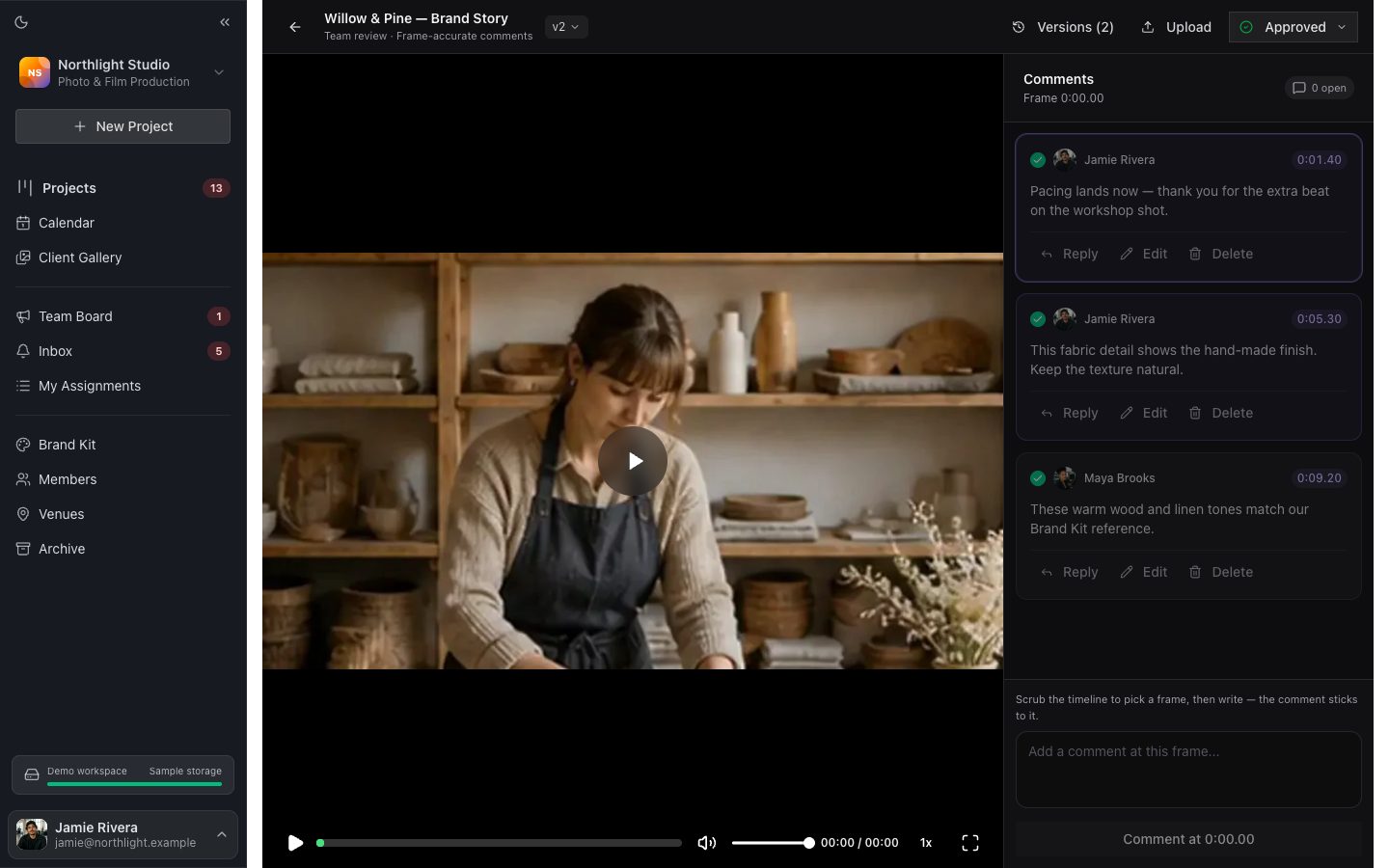 FlowShot video review: a brand film with comments pinned to the timeline