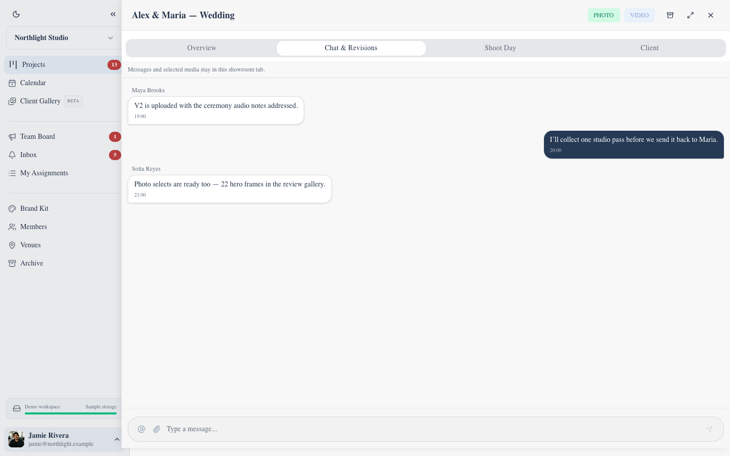 FlowShot project chat where the editor and the studio discuss a revision