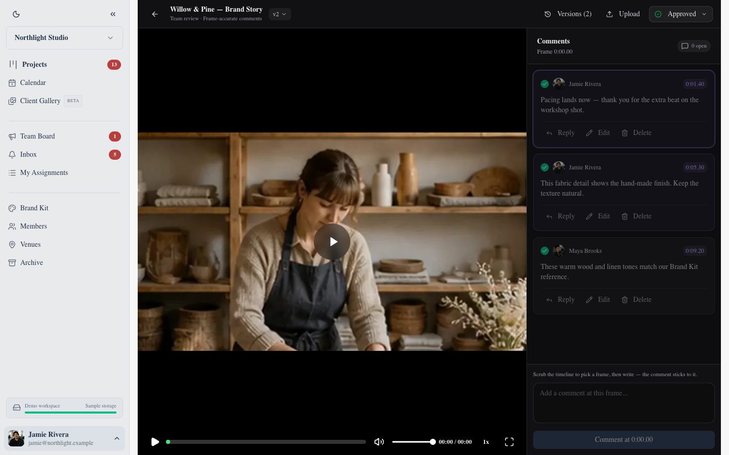 FlowShot video review: a brand film with comments pinned to the timeline
