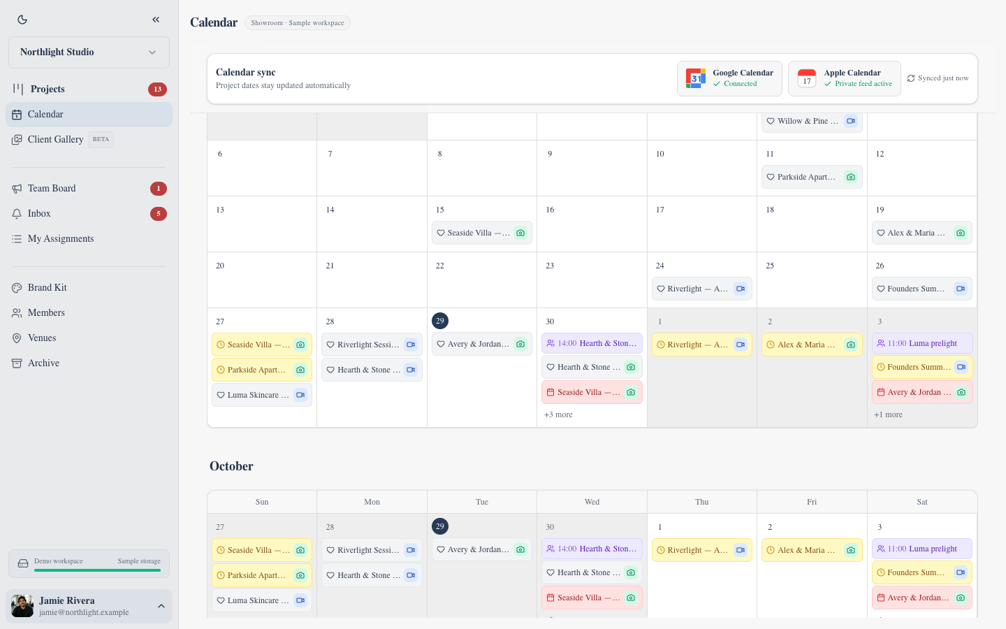 FlowShot calendar showing a month of shoots and team events