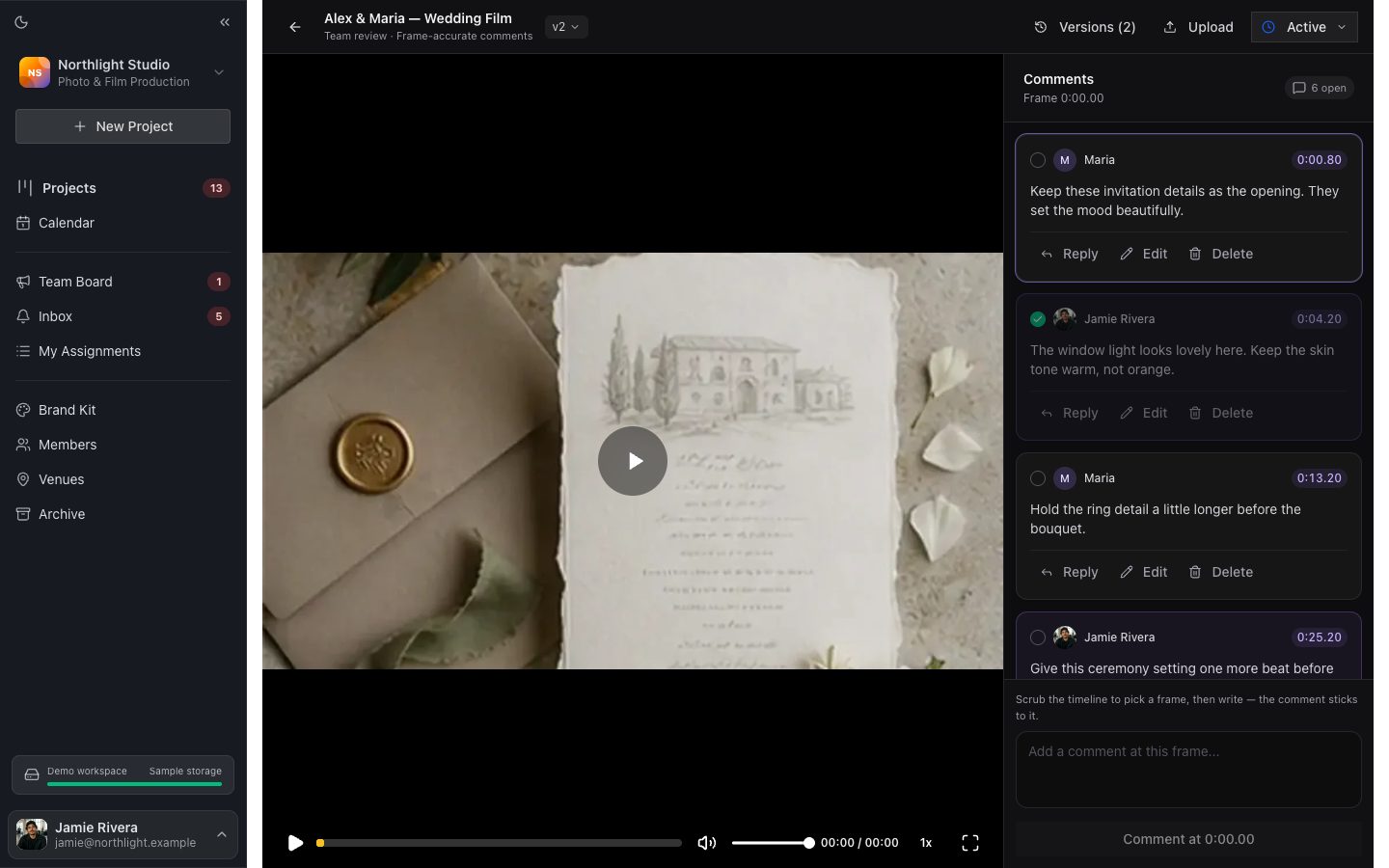 FlowShot video review screen with timestamped comments on a cut